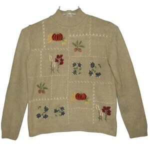 Alfred Dunner Sweater Womens PM (petite medium)tan mock neck embroidered pumpkin